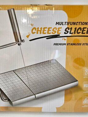 Stainless steel wire cheese slicer board w integrated cutting grid.